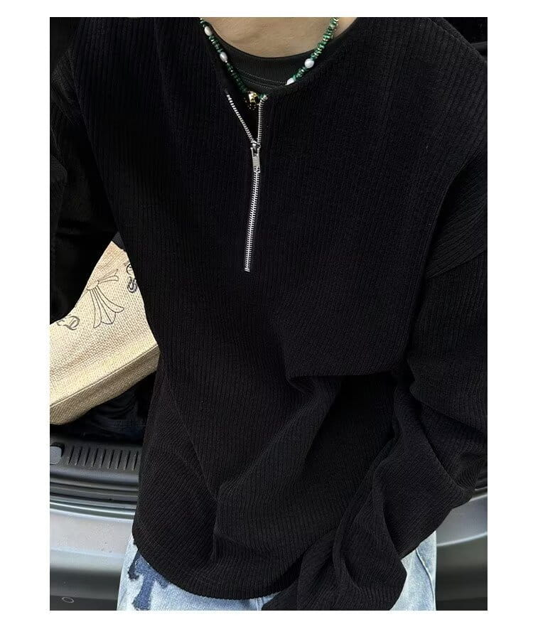 Suéter tipo jersey acanalado de pana negra para hombre, de manga larga, con media cremallera, con cremallera plateada en el cuello.