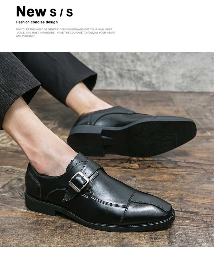 Men’s retro british style black leather monk strap shoes with a silver buckle made of microfiber leather