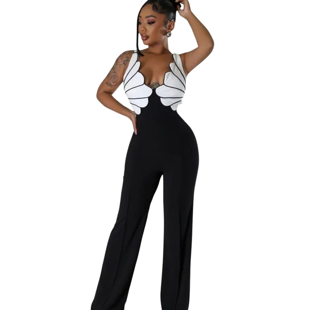 black and white butterfly wing embellished slim fit jumpsuit featuring a fitted bodice and wide-leg pants