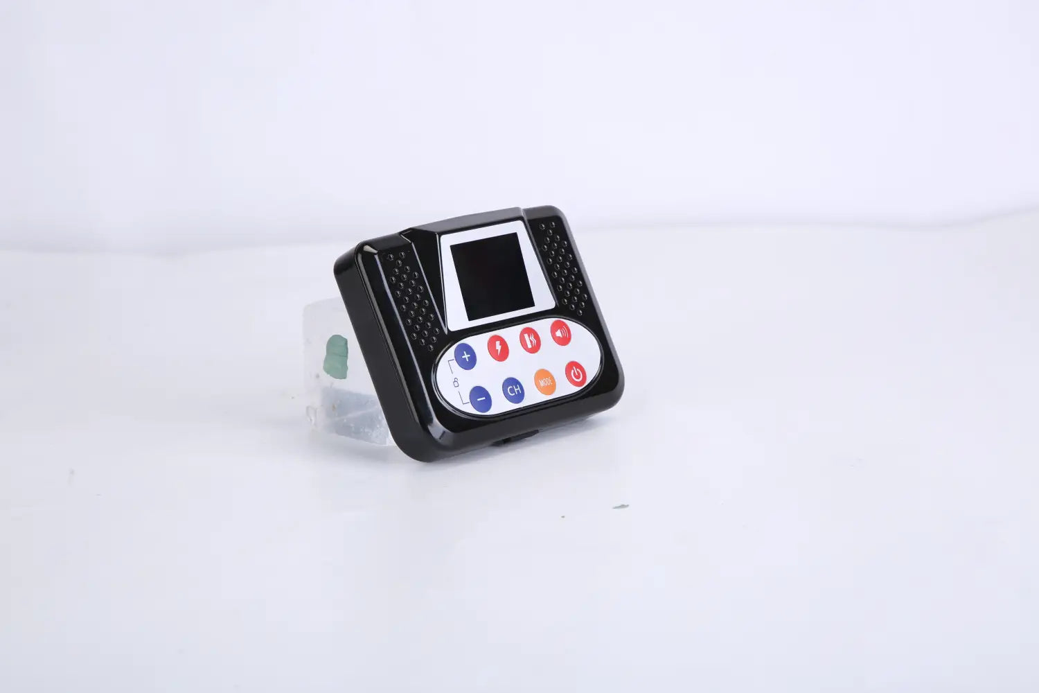 black plastic remote control with a small screen and colorful circular buttons for a 2-in-1 wireless dog fence and remote training collar
