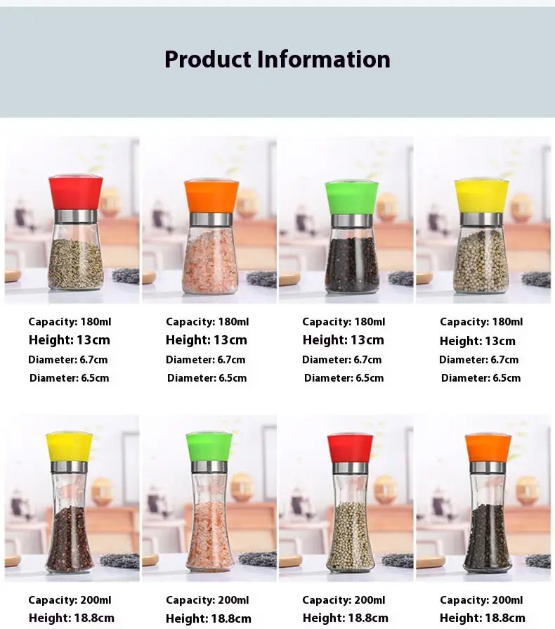 Lot de huit moulins à poivre et à sel en verre coloré avec des dessus métalliques, chacun contenant 180 ml ou 200 ml, dans un ensemble de moulins à poivre en acier inoxydable et en verre, pack de 4.