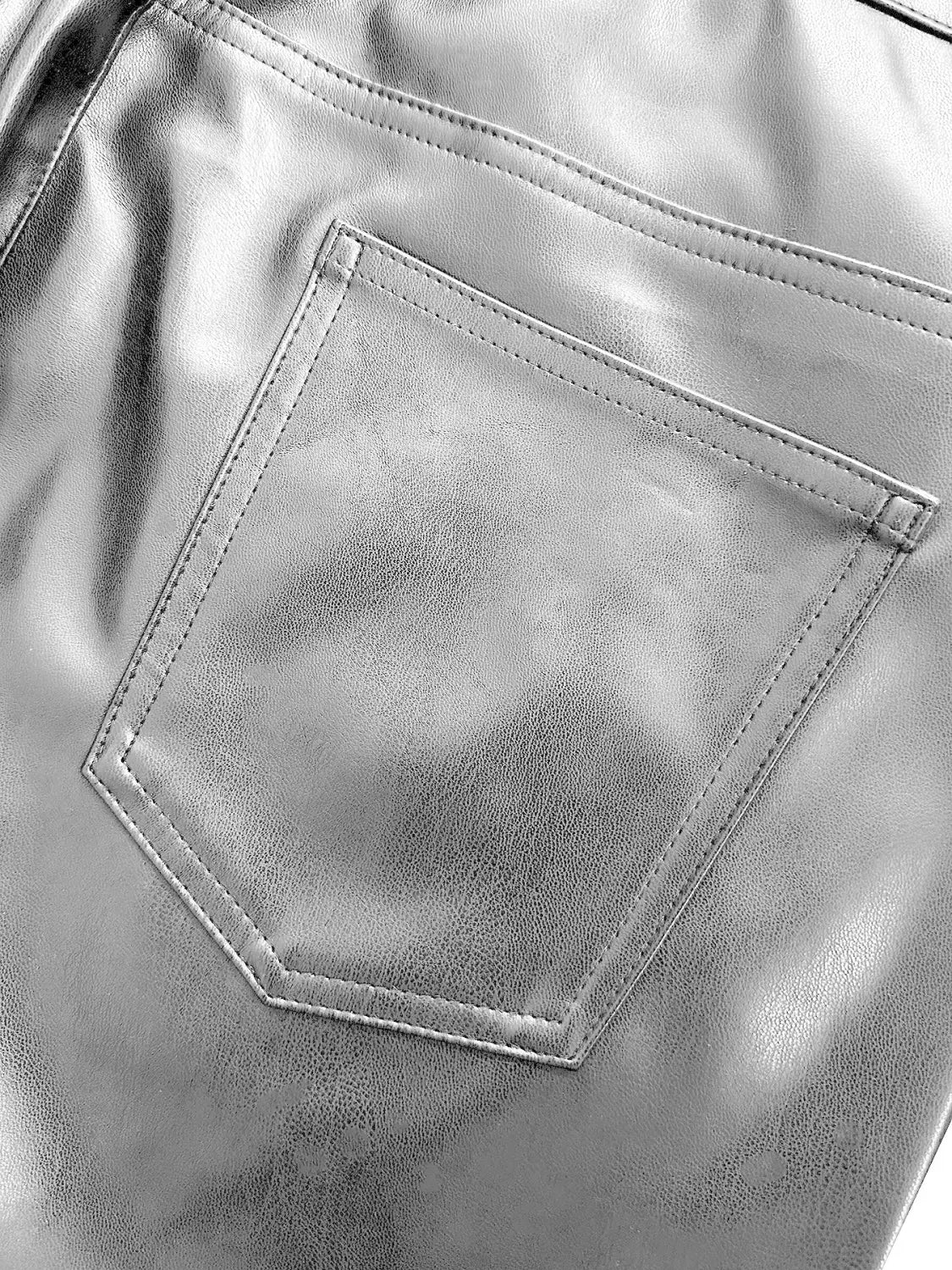 Men’s slim fit metallic and matte faux leather pants in silver with a subtle sheen and stitched pocket detail.