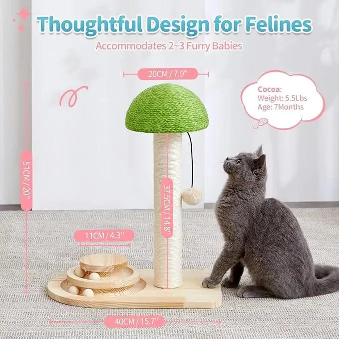 Green mushroom-shaped cat scratching post with a beige sisal-wrapped pole and wooden base featuring an attached dangling ball toy for interactive play.