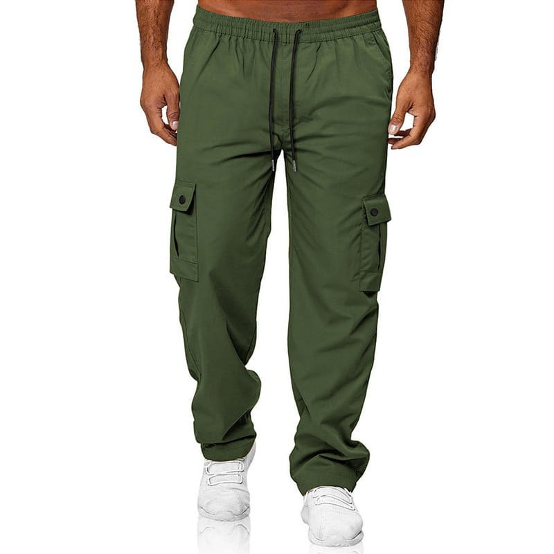 Mens straight leg cargo work pants in olive green featuring side pockets and a drawstring waistband.