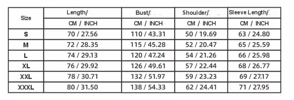 Size chart for a men’s ribbed patchwork half zip knit sweater showing women’s garment measurements in centimeters and inches for sizes s through xxxl.