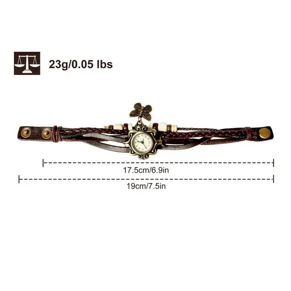 Brown braided leather watch band with vintage-style clock face and decorative clover charm in vintage bohemian braided leather butterfly charm watch.