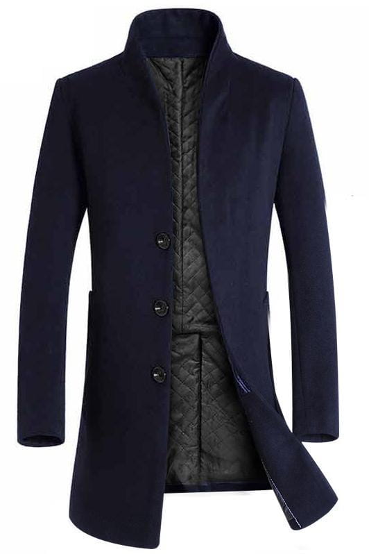 Men slim woolen trench coat in navy blue featuring a quilted black inner lining and three dark buttons.