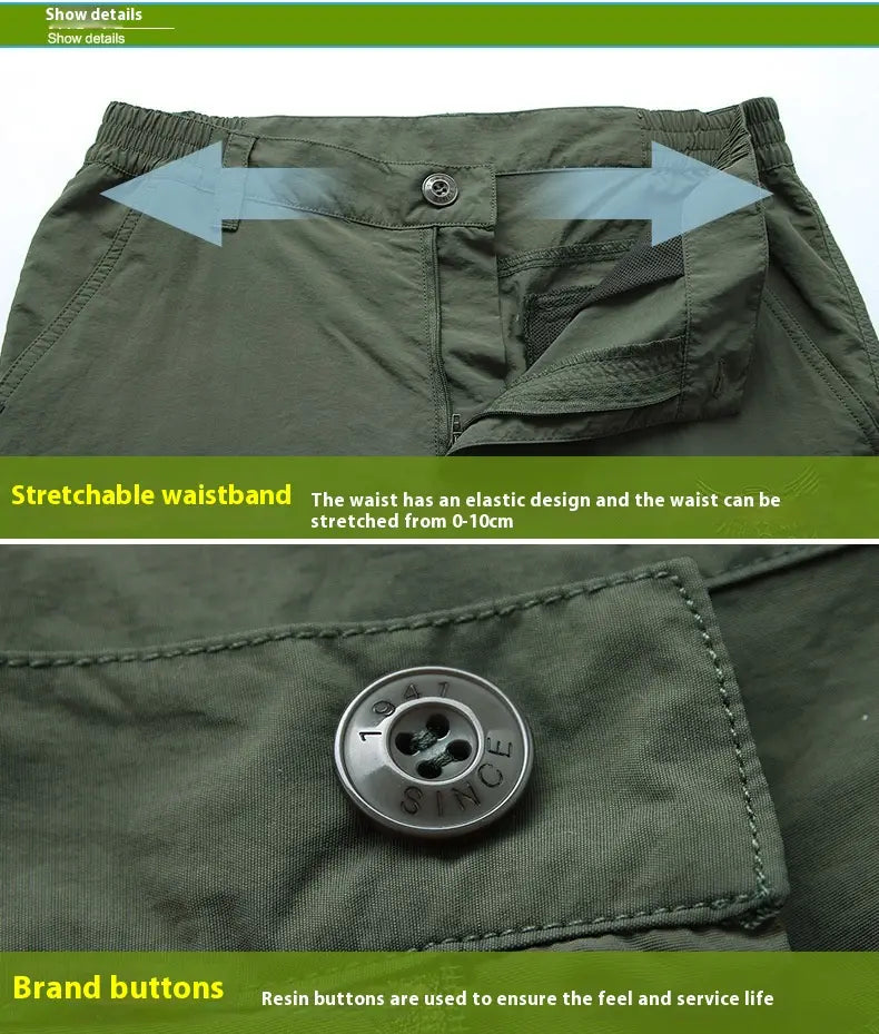 plus size loose olive green cargo pants with a stretchable elastic waistband and resin buttons branded since 1974 durable tactical trousers.