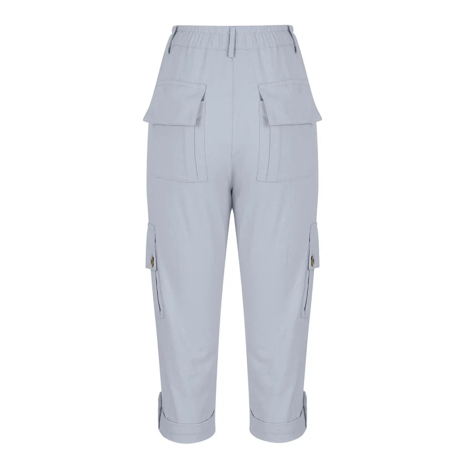 Pantalons capri cargos gris clair taille haute pour femmes, pantalons décontractés, avec multiples poches et ourlets retroussés.
