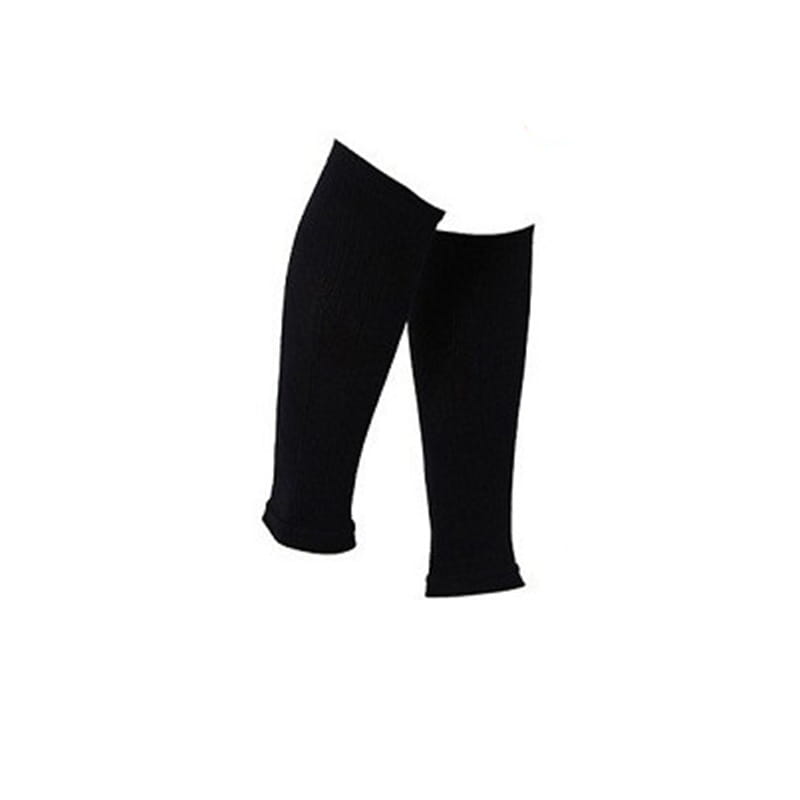 Black form-fitting compression calf sleeves made of stretchy fabric designed for athletic sports support shown from the back side