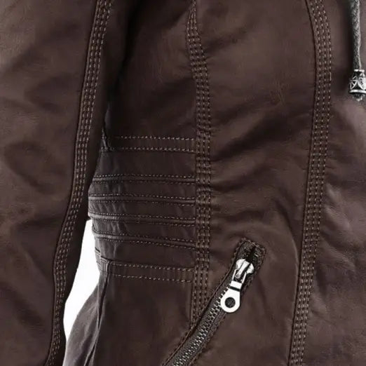 Dark brown faux leather moto jacket with reinforced stitching, silver zipper pull, and detachable hood.
