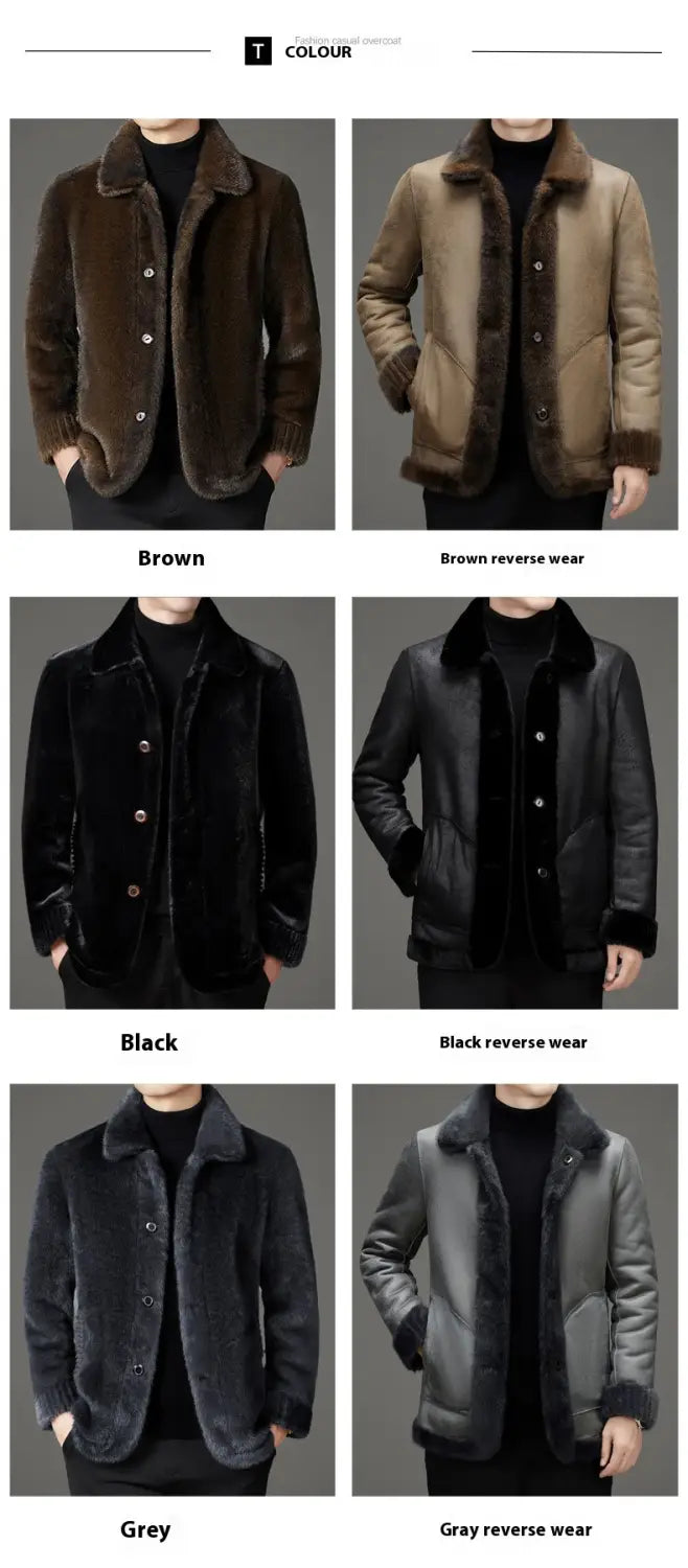 Faux fur winter coat for men featuring brown black and gray shearling-lined leather jackets with plush fur collars.