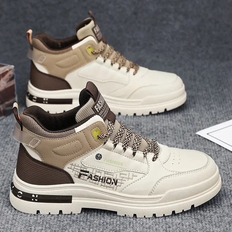 Men’s high-top chunky elevator sneakers xb13 in white and beige with brown accents featuring a chunky sole and fashion branding on the side.