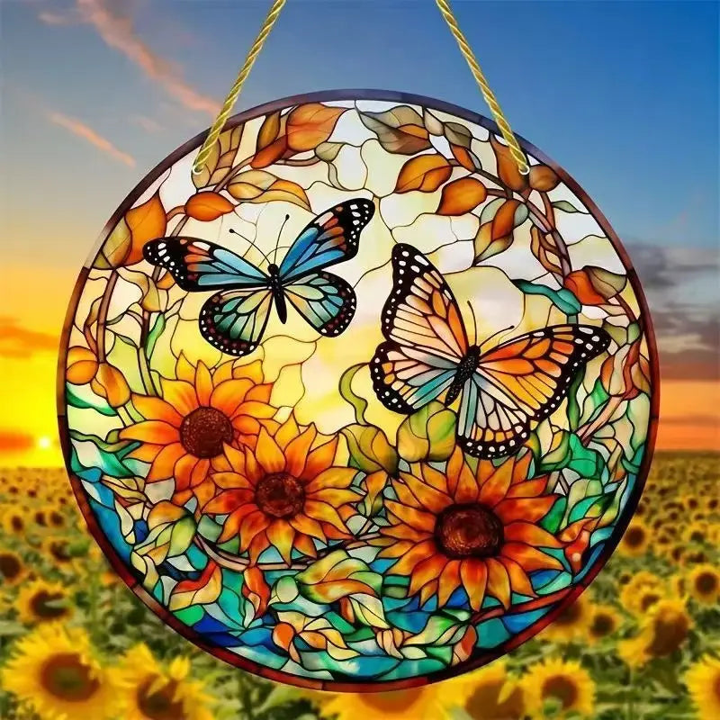 Butterfly acrylic wall art floral hanging decor featuring vibrant stained glass circular design with two butterflies and sunflowers in warm orange yellow blue and green hues.