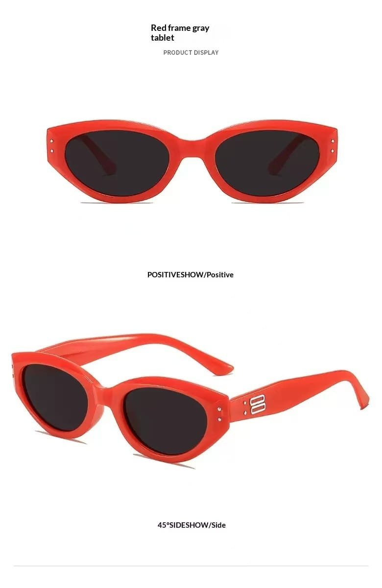 Retro cat eye Uv400 sunglasses feature vibrant red glossy plastic frames with dark gray lenses for stylish sun protection.