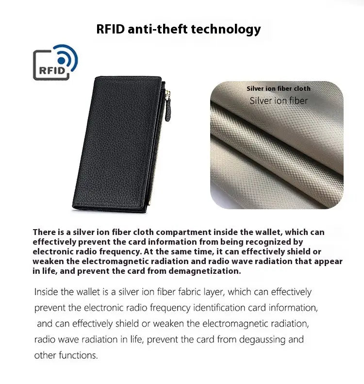 Black cowhide leather long zip wallet with rfid anti-theft technology and silver ion fiber cloth lining