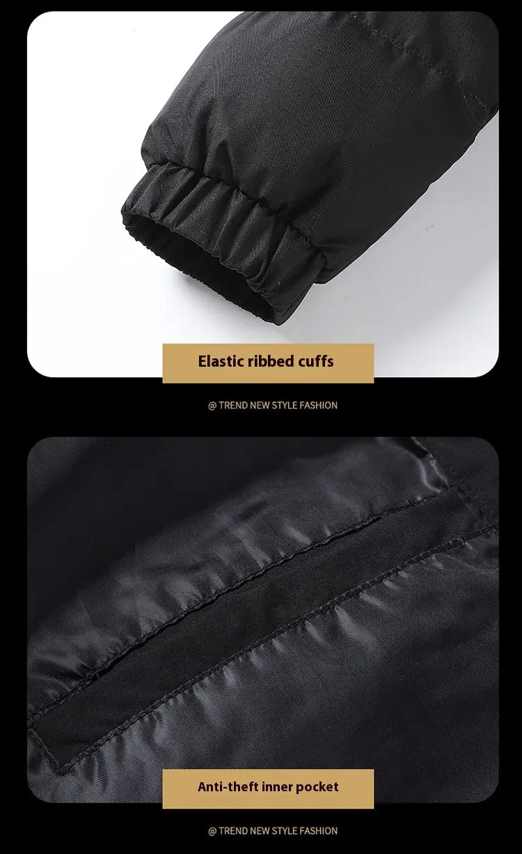 men’s warm padded down jacket gray featuring a black puffer design with elastic ribbed cuffs and a satin-lined anti-theft inner pocket