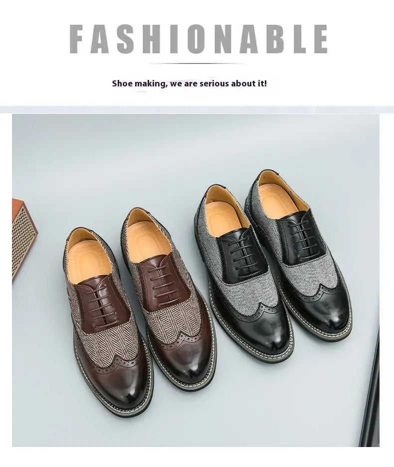 Men’s Korean style woven leather brogue high top shoes with brown and gray herringbone wingtip polished accents