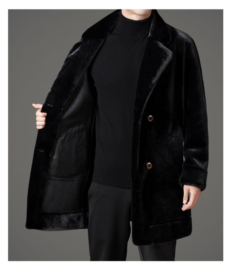 Men’s furs shearling double breasted winter coat in black faux fur with a plush textured exterior and matching lined interior.