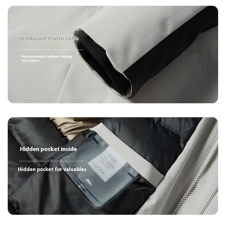A sleek two-tone windproof waterproof puffer jacket with elastic cuffs and a hidden pocket for valuables.