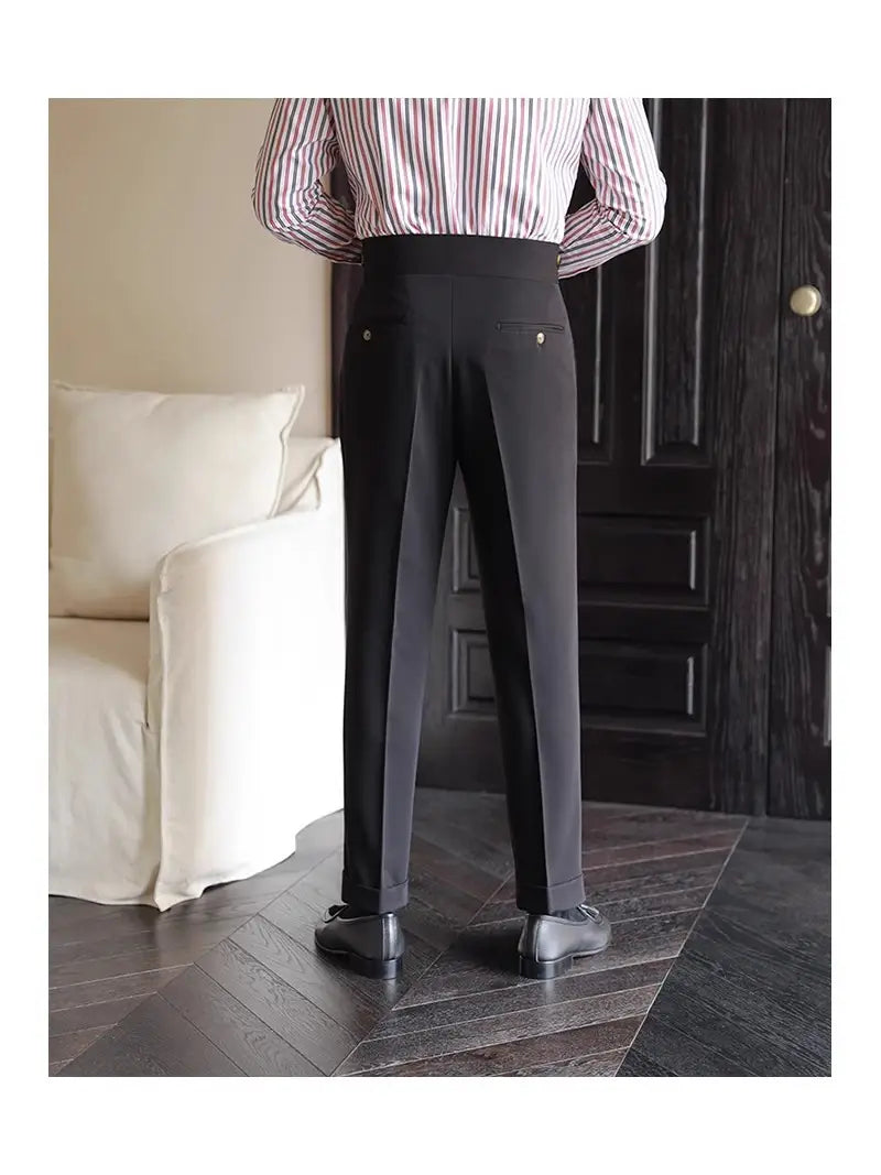 men’s tailored pleated wool straight leg trousers in black featuring a sleek modern cut with subtle side pockets