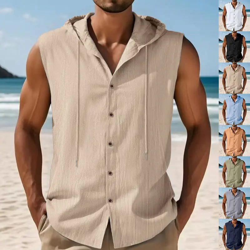 Beige men’s linen blend sleeveless hooded button up shirt made of lightweight fabric.