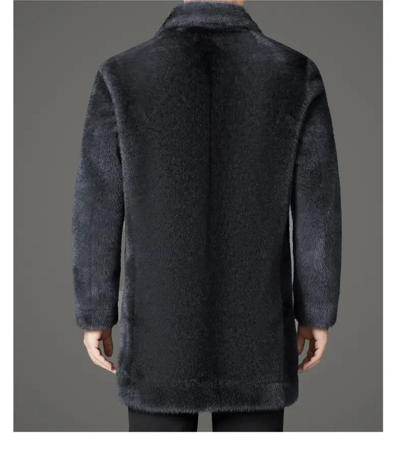 Men’s furs shearling double breasted winter coat in dark gray faux fur with a plush textured surface and classic collar.