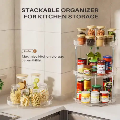 Clear stackable kitchen organizer with three tiers and wooden lids made of acrylic shown alongside a 2-tier rotating spice rack turntable pack of 2.