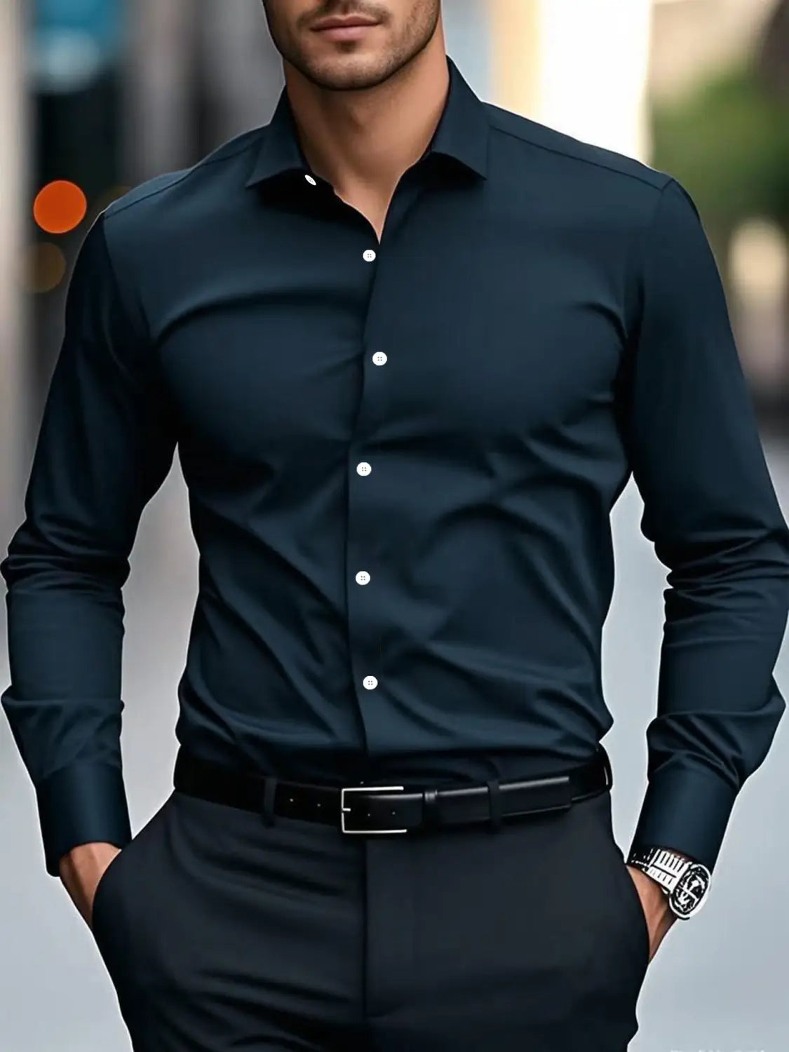 Ein Slim-Fit-Businesshemd für Herren in elegantem dunklem Marineblau mit langen Ärmeln, klarem Kragen und weißen Knöpfen.