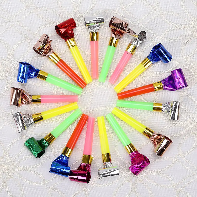 A collection of colorful party blower noisemakers with shiny metallic tops and vibrant plastic bodies arranged in a circular pattern designed for kids birthdays 10 pack.