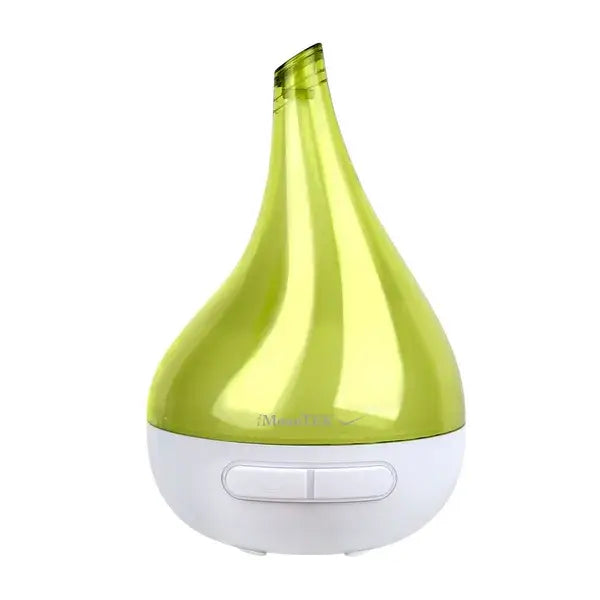 A sleek lime green and white ultrasonic aroma diffuser teardrop humidifier with a glossy upper section and a smooth base featuring control buttons and a 177ml capacity.