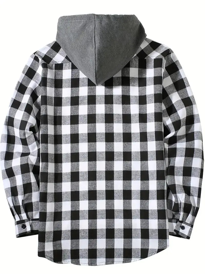 Men’s plaid hooded flannel shirt featuring a black and white checkered flannel fabric with a gray inner lining.