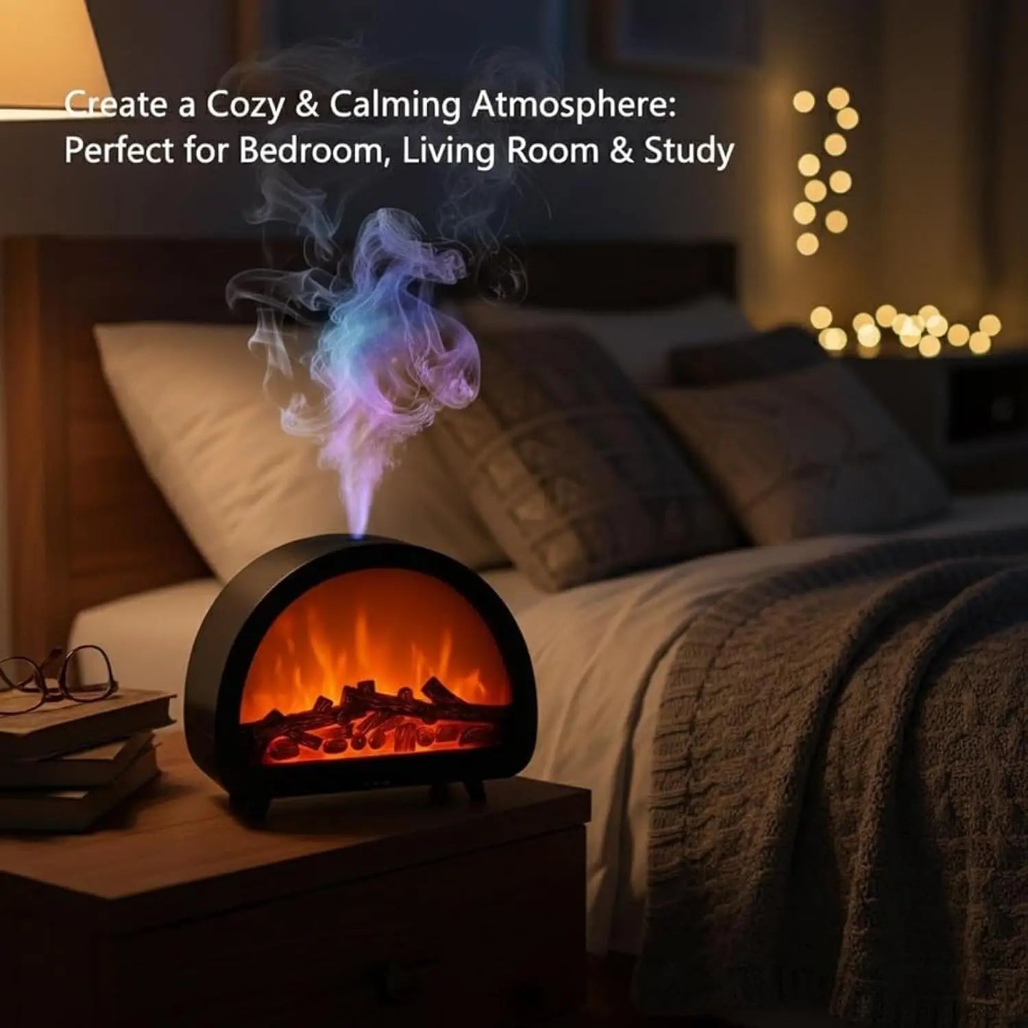 Black electric flame diffuser humidifier with glowing orange flames and a plume of blue-purple mist rising from its multi-color LED mist feature.