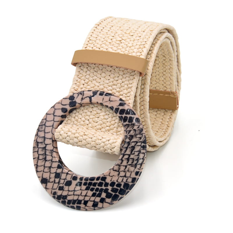 Beige woven elastic belt with round snake-print buckle and tan leather tabs.