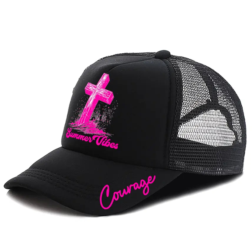 Black trucker hat featuring a vibrant pink cross and summer vibes embroidery with courage in neon pink script along the brim.