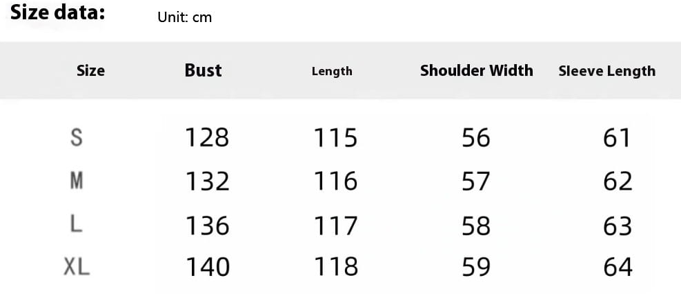 Size chart in centimeters for women’s long quilted winter puffer coat in various sizes from small to extra large.