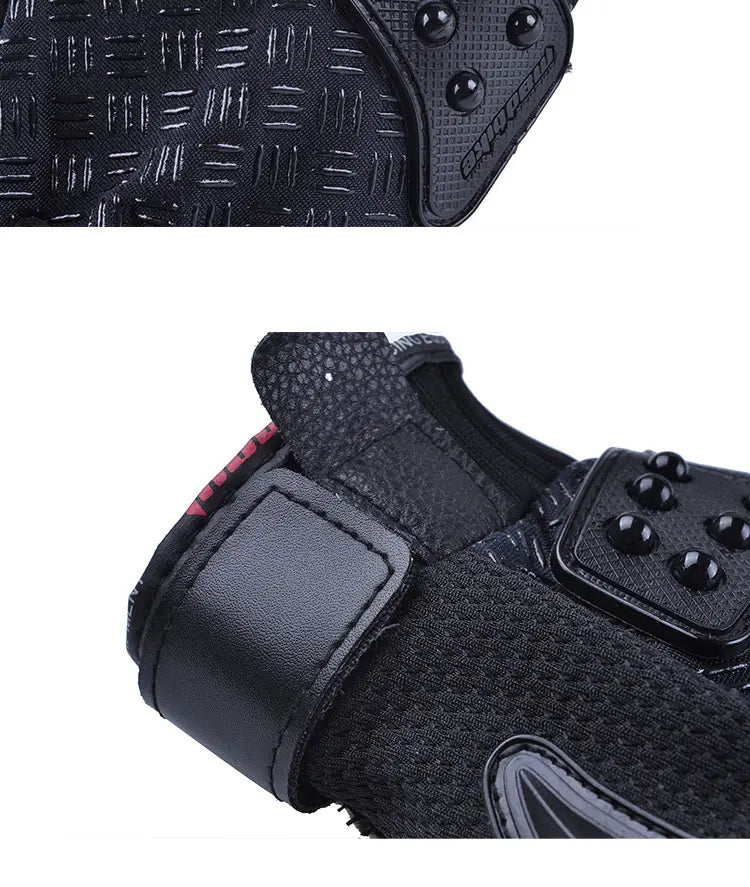 Black alloy knuckle motorcycle riding glove with textured fabric, reinforced padding, and velcro strap shown from the back side.