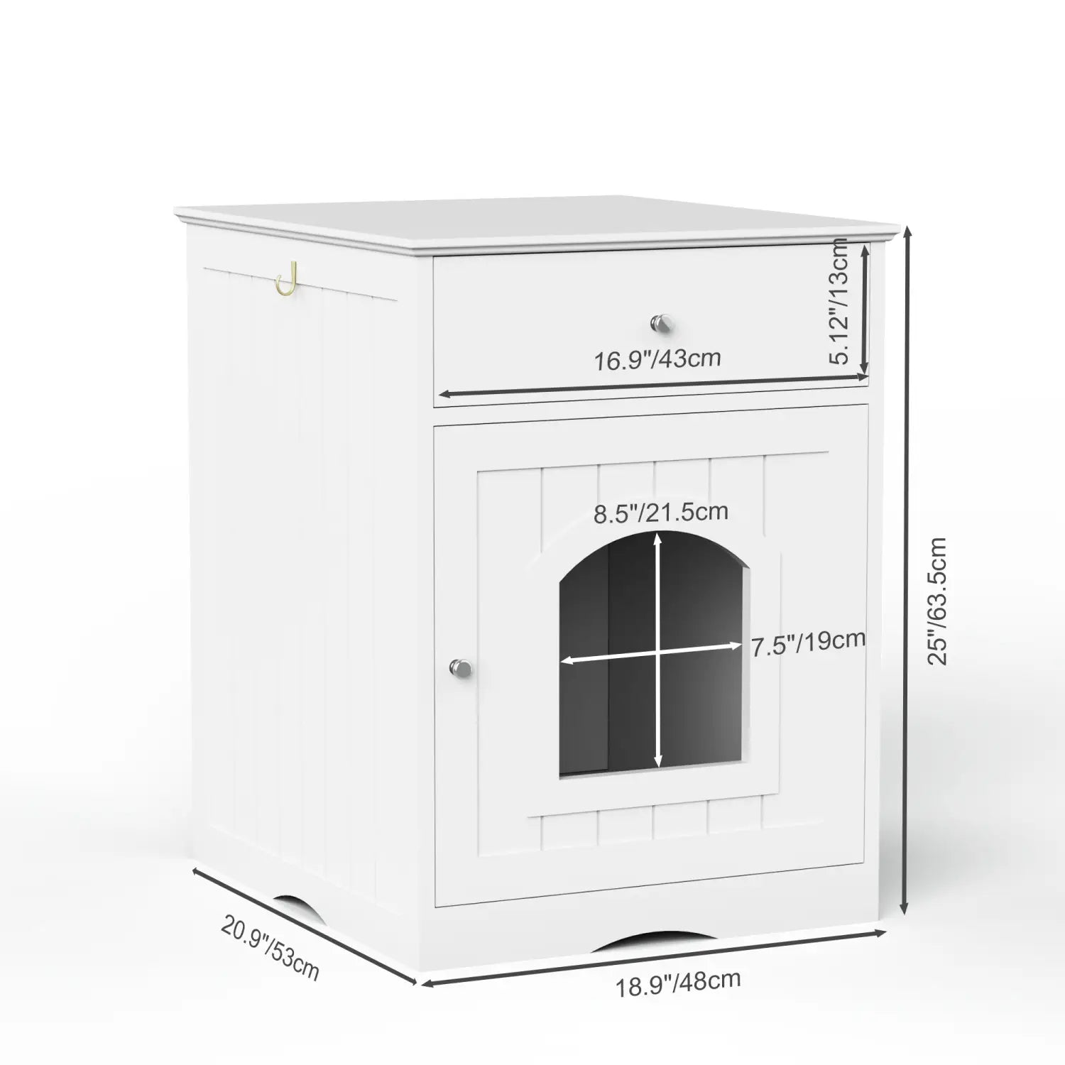 White wooden cat litter box enclosure with a drawer above and an arched door below featuring silver knobs.