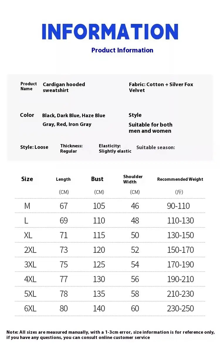 Herren-Schwergewichts-Fleece-Zip-Hoodie in Übergröße in Schwarz, dunkelblau, Haze-Blau, Grau-Rot oder Eisen-Grau mit lockerer Passform und Baumwoll-Fleece aus Plus mit Samtstoff „Silberfuchs“.