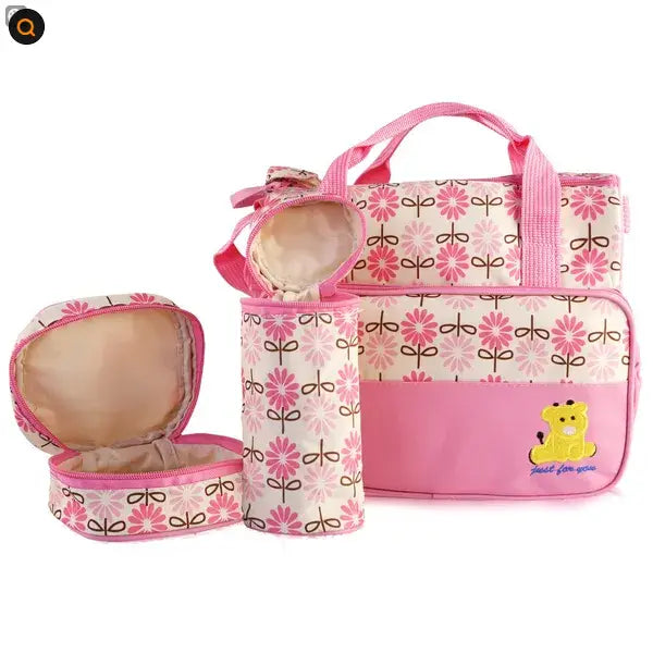 Pink floral-patterned maternity bag set with a yellow bear appliqué and matching accessories for baby diaper travel use.