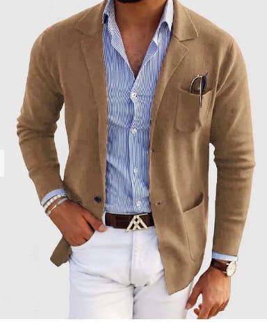 Men printed double button suit jacket in tan suede with a single-breasted design buttoned cuffs and a pocket holding sunglasses.