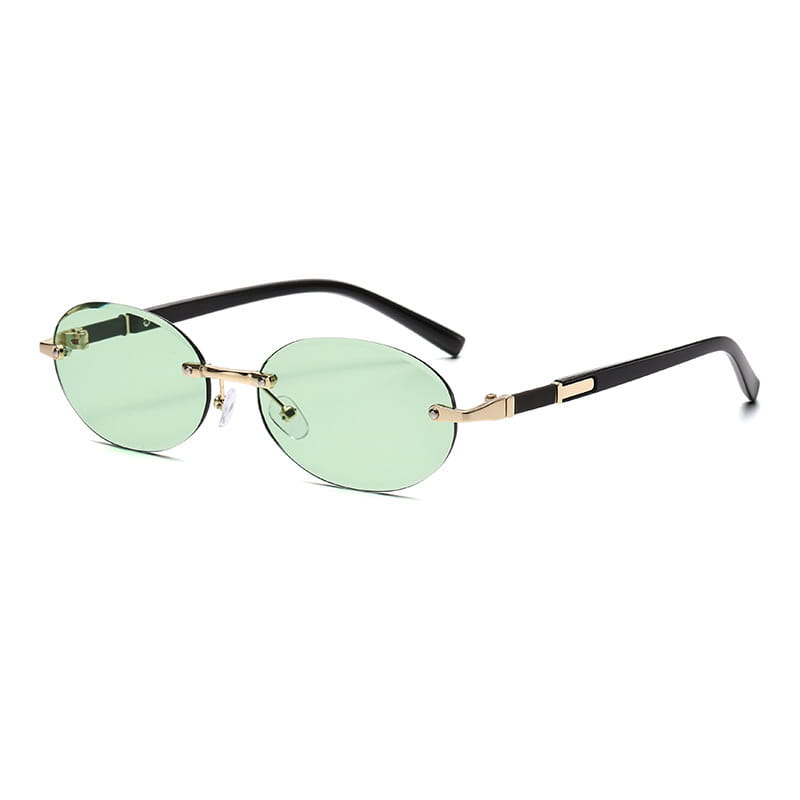 Frameless oval uv400 fashion sunglasses with black and gold metal accents and light green oval lenses.