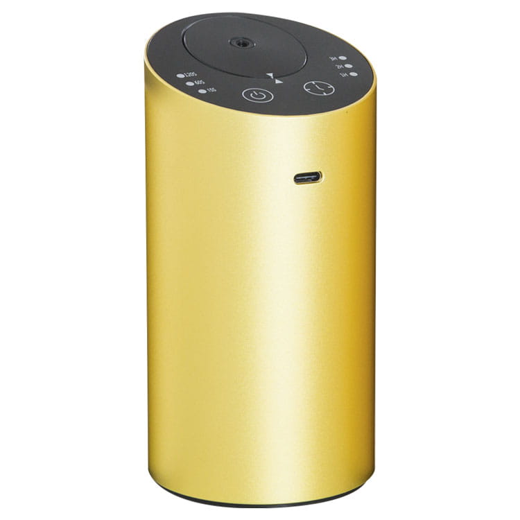 Diffuseur d’arômes portable cylindrique de couleur dorée, humidificateur de voiture sans fil USB, avec un panneau de commande noir comportant des boutons et un voyant lumineux.