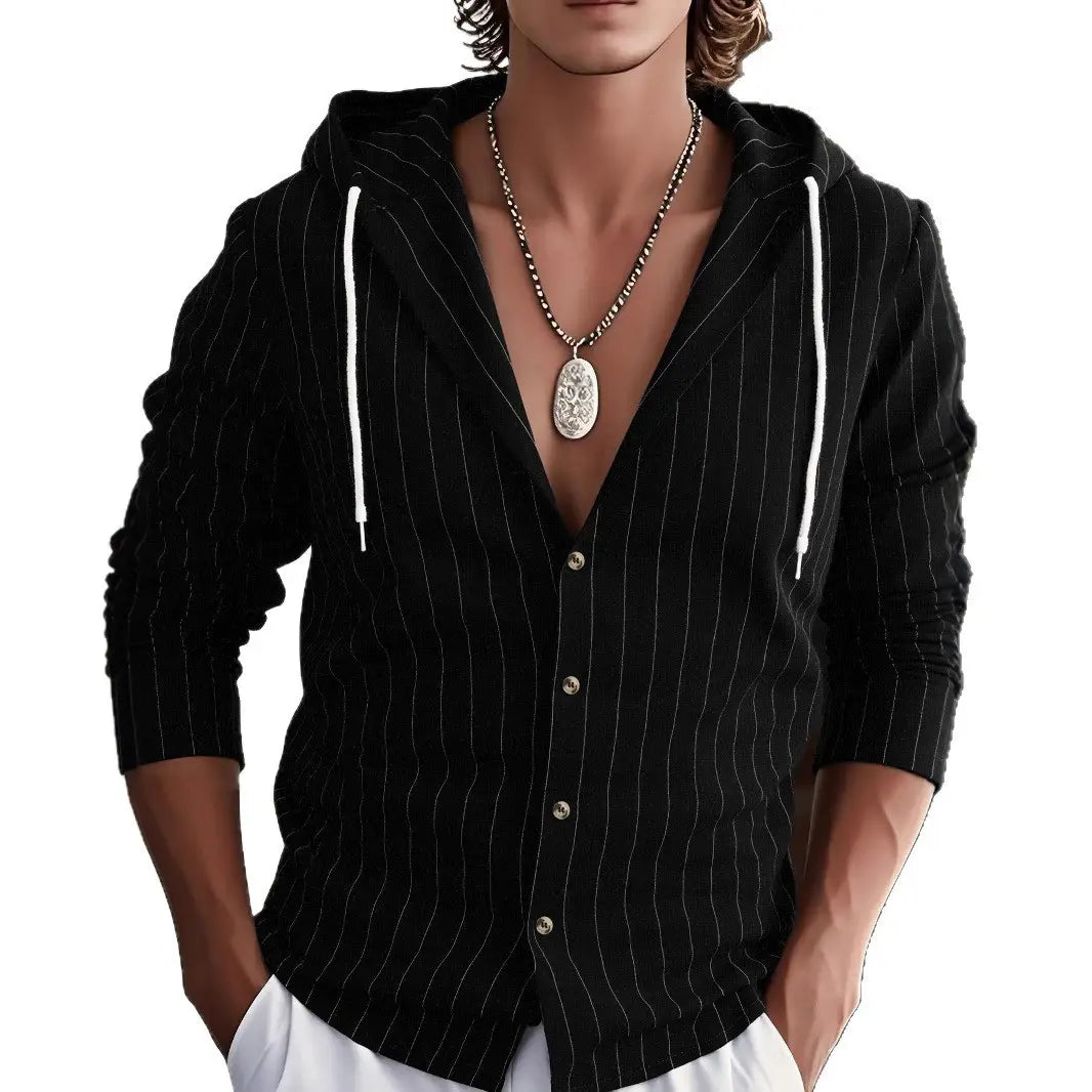Schwarzes Nadelstreifen-Slim-Fit-Kapuzen-Leinenhemd für Herren mit weißen Kordeln und Frontdesign mit Knopfleiste.