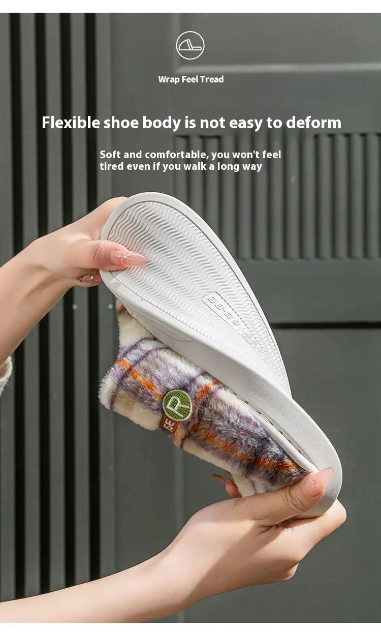Plush multicolored plaid slip-on mule slipper with a white rubber sole and soft fleece lining for indoor non slip wear.