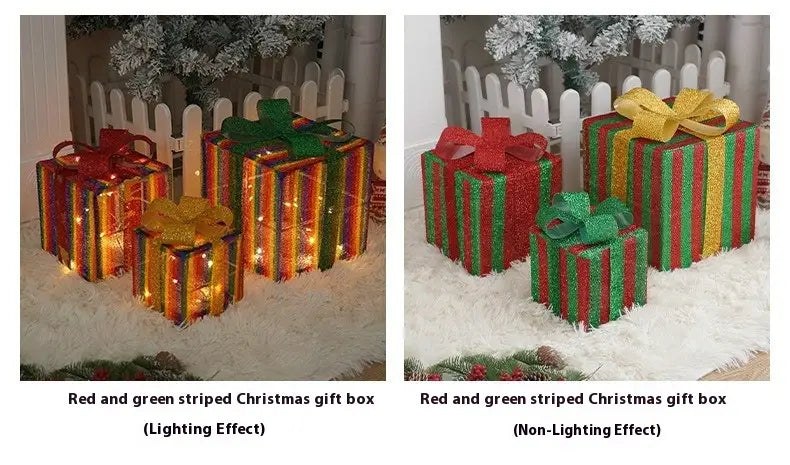 Led Christmas gift box set featuring red and green striped boxes with glittery surfaces and decorative bows.