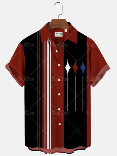 Herren-Hemd für den Sommerurlaub mit gedrucktem Motiv, hawaiianischer Stil, mit rotem und schwarzem Kurzarm, vertikalen weißen Streifen sowie geometrischen Diamantmustern in Blau, Rot und Silber.