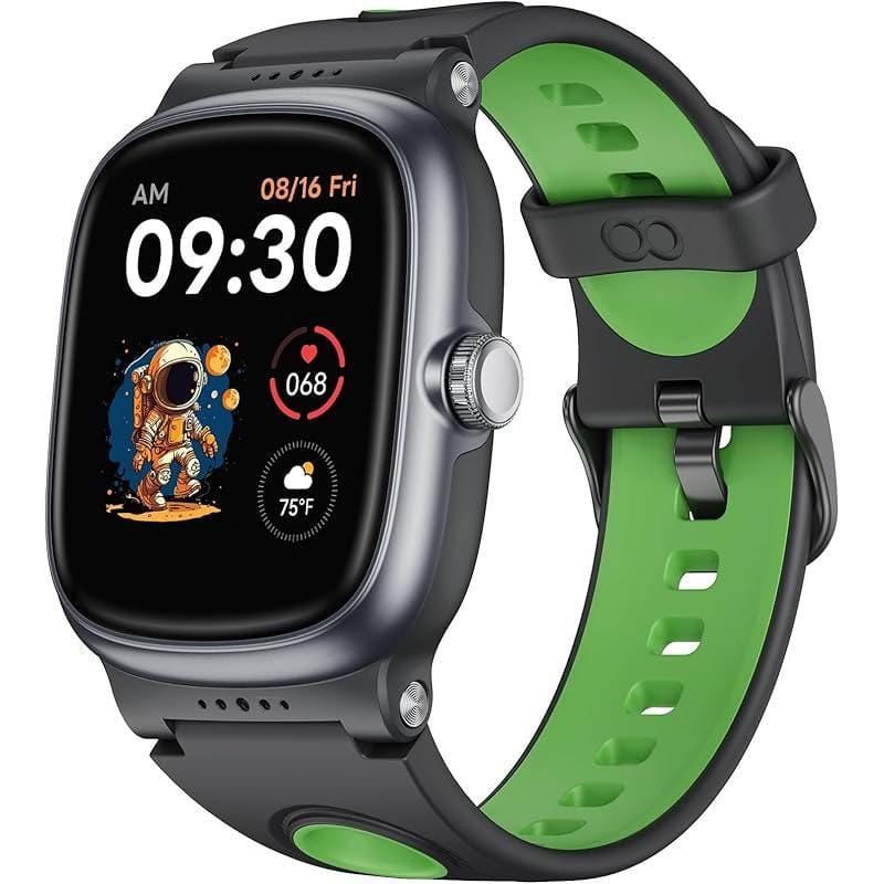 A sleek black and green k1 kids waterproof smartwatch with fitness tracking featuring a vibrant astronaut-themed screen display.