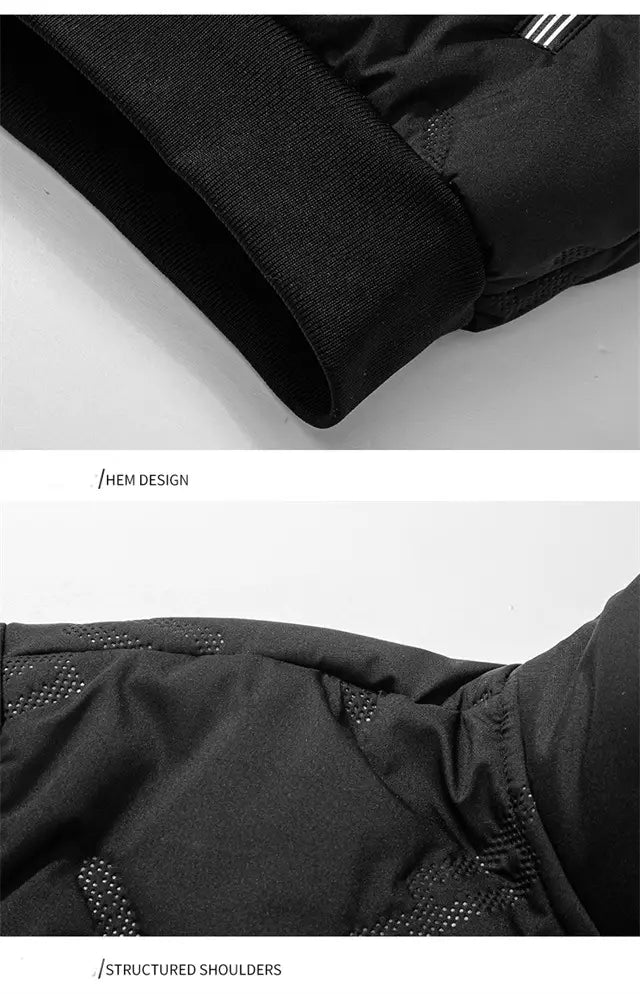 Men’s black graphene quilted winter jacket with fleece lining featuring ribbed cuffs and structured shoulders with subtle dotted texture accents.