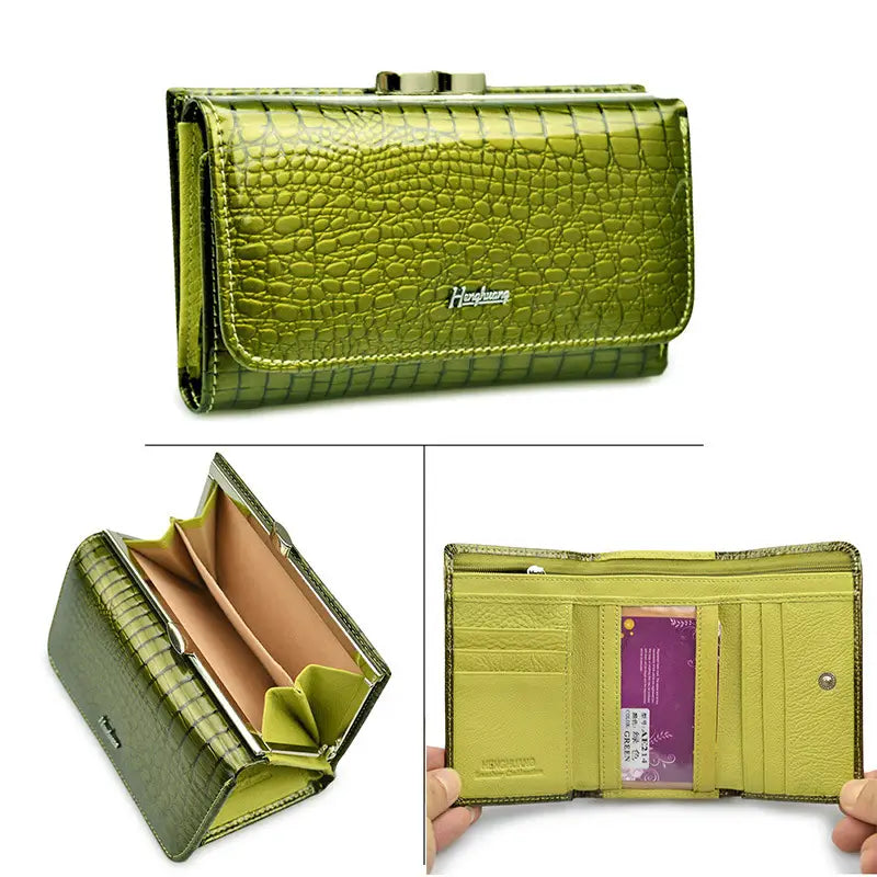 A lime green retro crocodile pattern leather trifold wallet with a silver clasp and interior card slots.